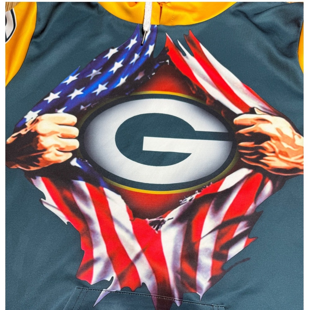 Patriotic Green Bay Packer USA Flag Graphic Hoodie Pullover L/XL Unisex Football - Picture 5 of 7